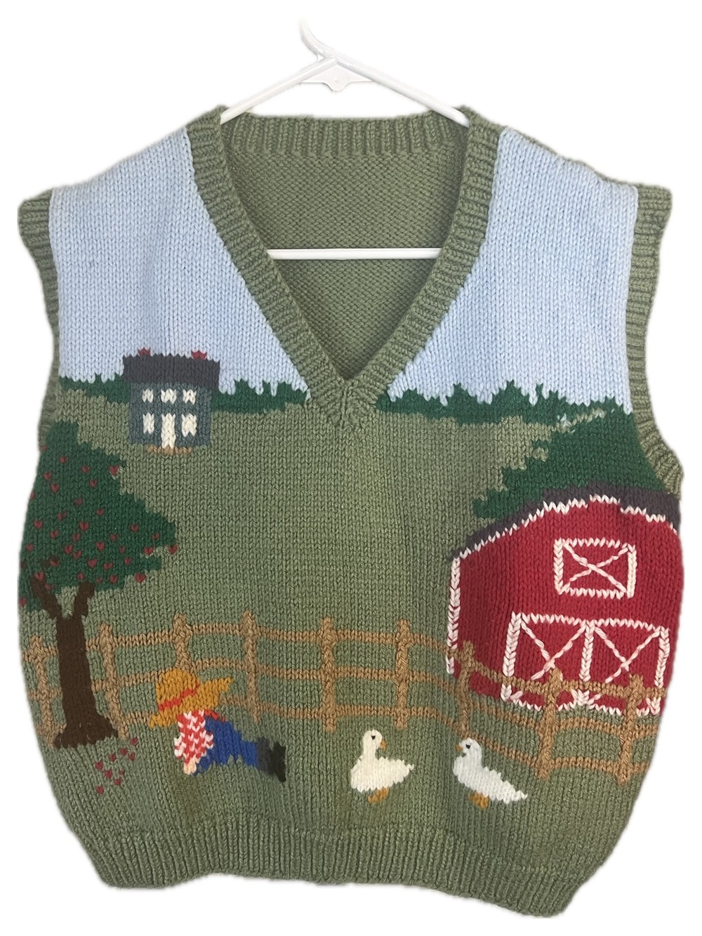 Hand Knit Vintage Wool Women's Olive Green V-Neck Farm Scene Knit Sweater Vest